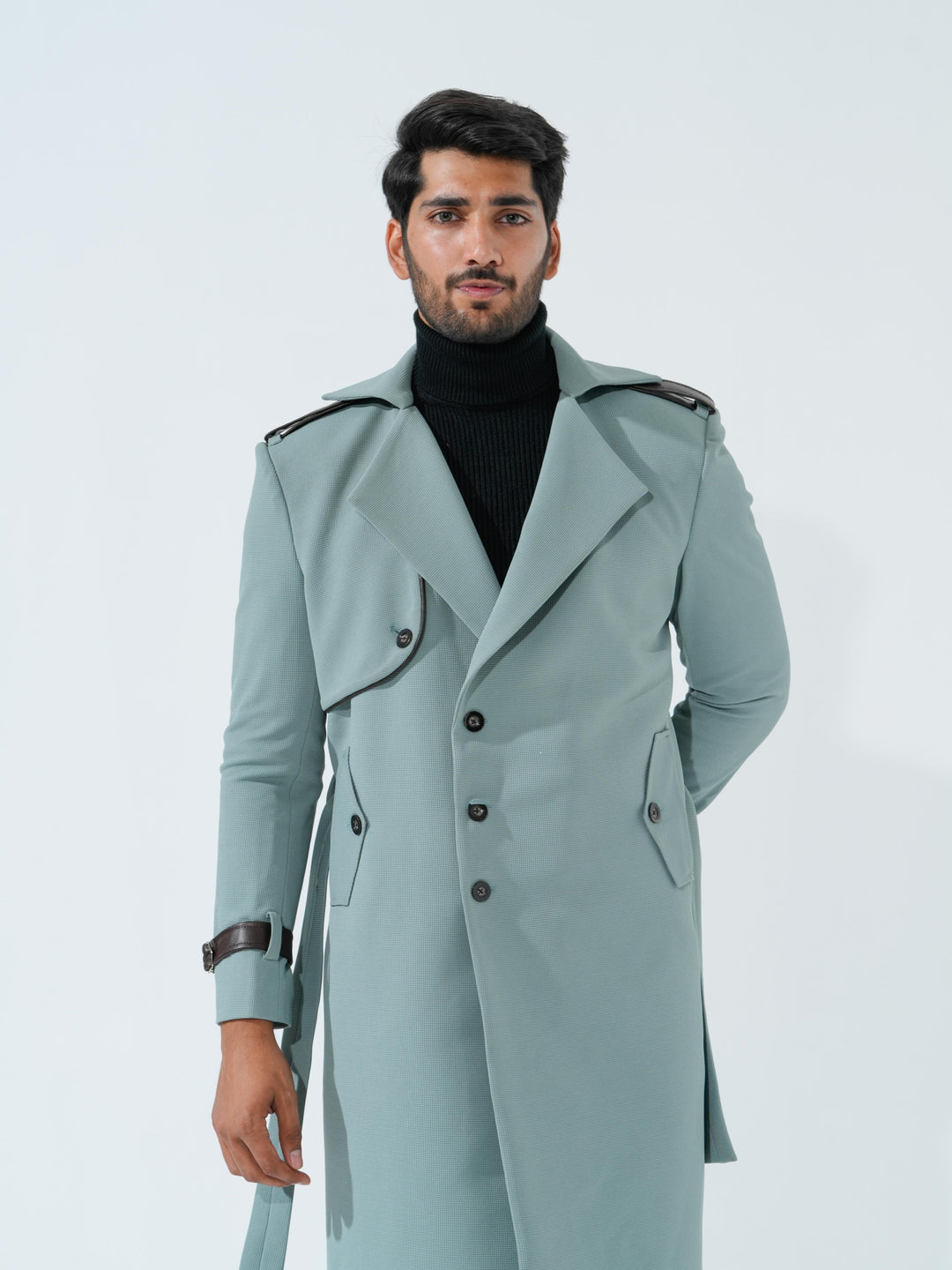 Lucifer - Green Longline Coat with Belt in Premium Popcorn Cotton