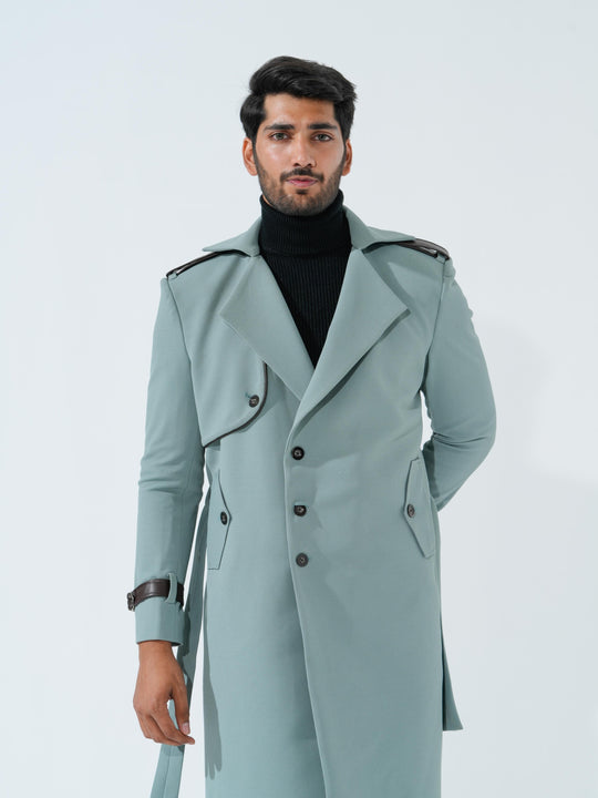 Lucifer - Green Longline Coat with Belt in Premium Popcorn Cotton