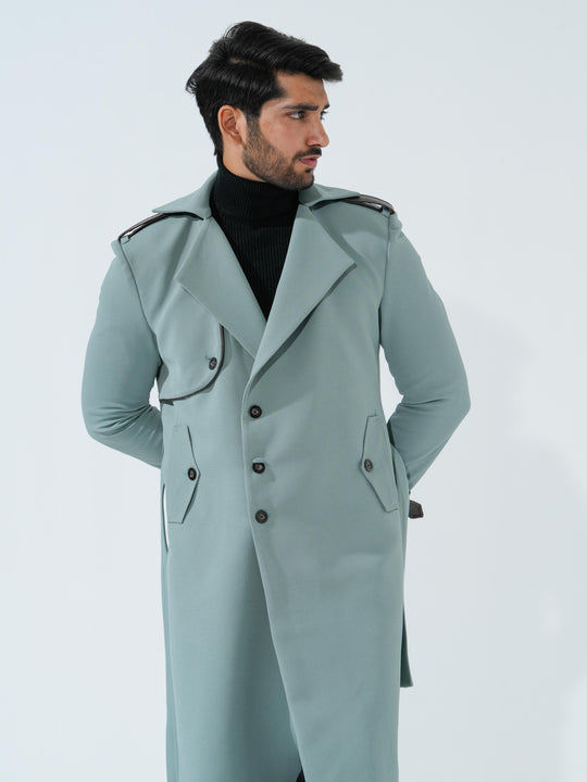 Lucifer - Green Longline Coat with Belt in Premium Popcorn Cotton