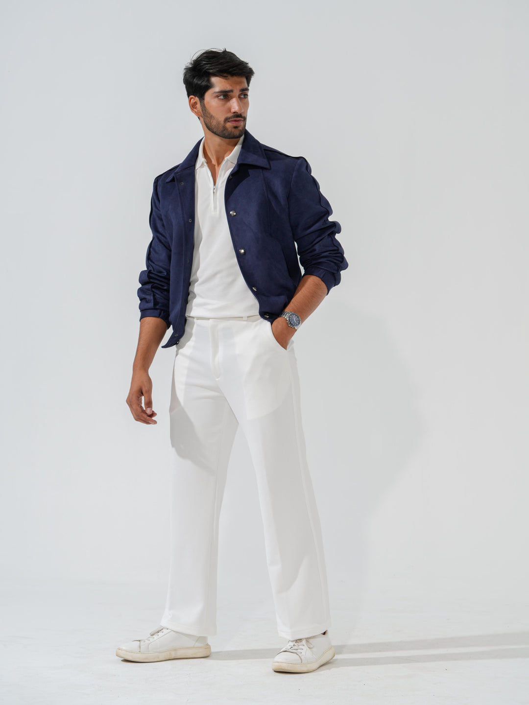 Rover- Our stylish blue suede bomber Jacket