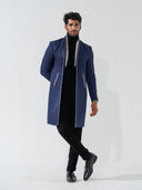 Mafia - Blue longline suede coat with detachable scarf collar