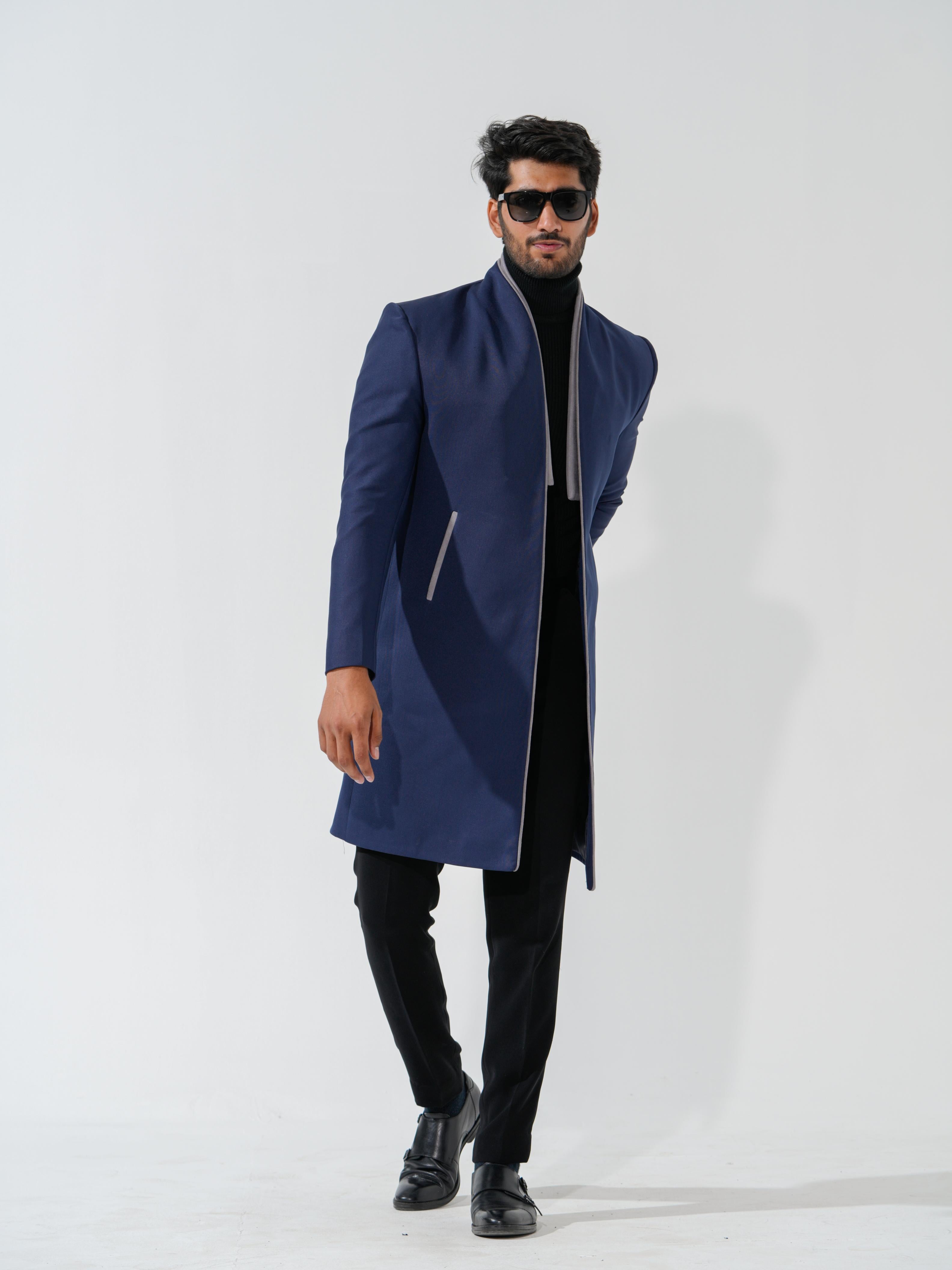 Mafia - Blue longline suede coat with detachable scarf collar