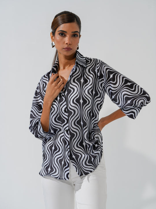 Maze - Linen Satin Printed Comfort Fit Shirt