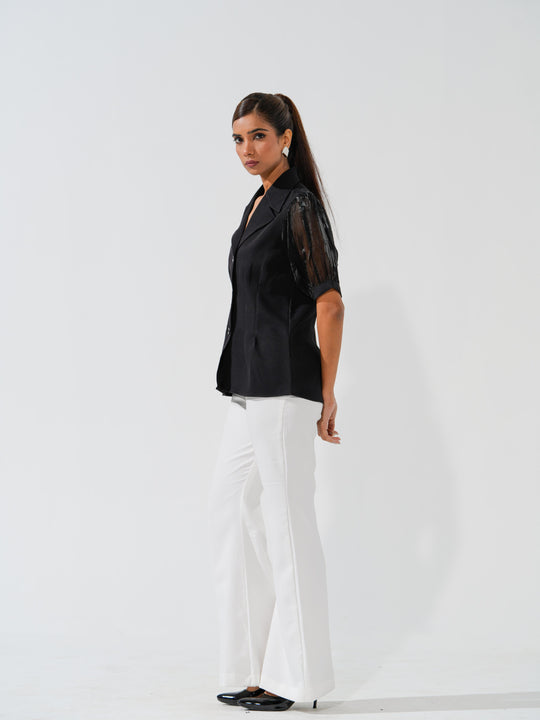 Isabell - Banana Crepe top with balloon sleeves