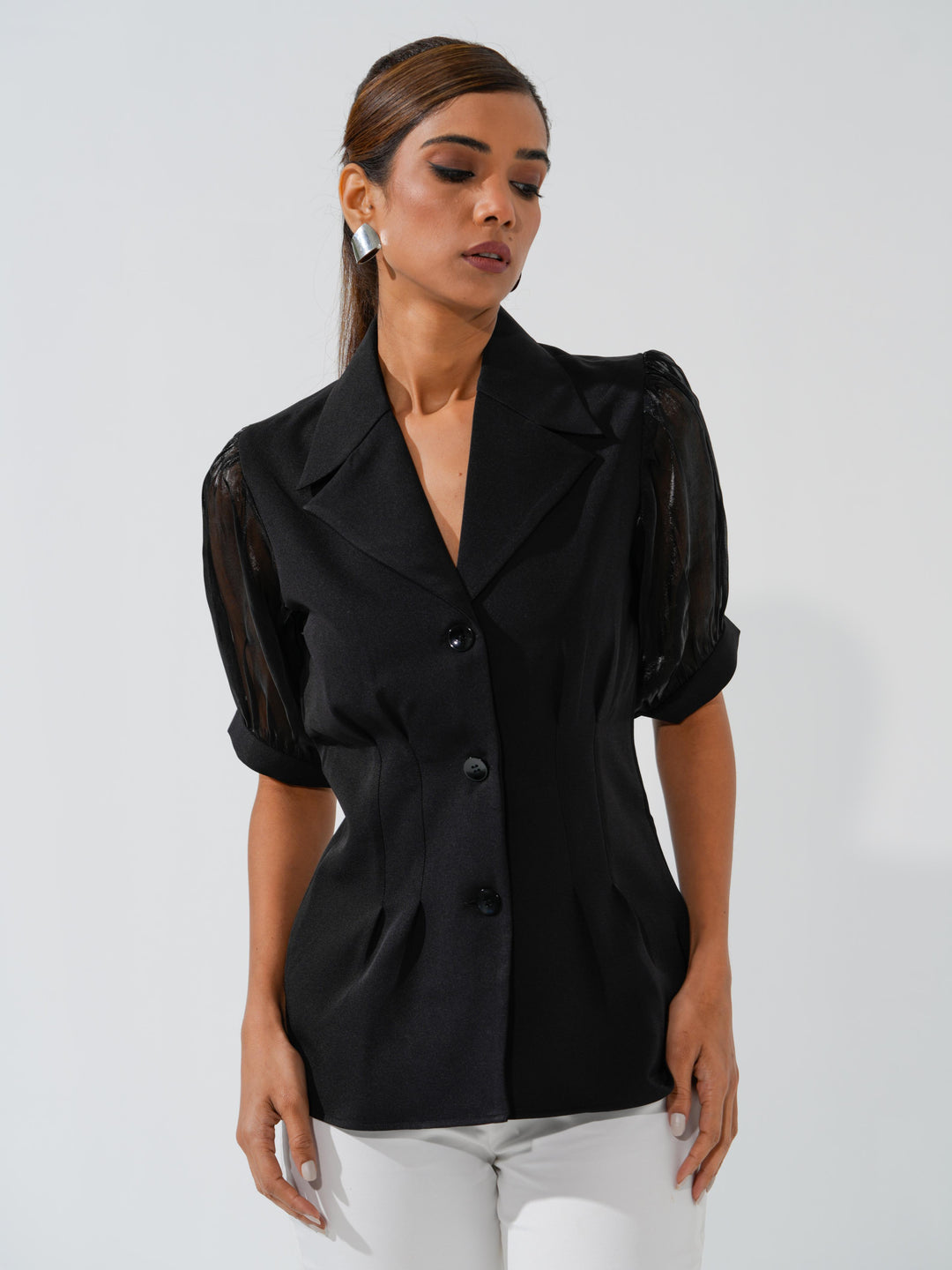 Isabell - Banana Crepe top with balloon sleeves