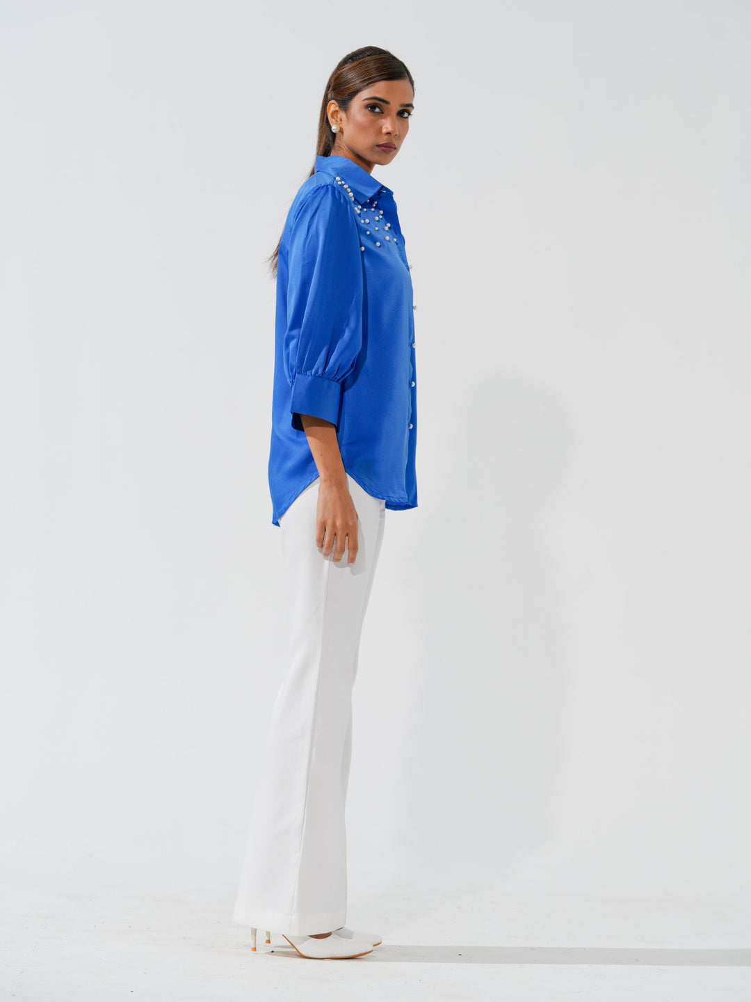 Pearled- Premium Satin Shirt with Pearl Detailing On Shoulders
