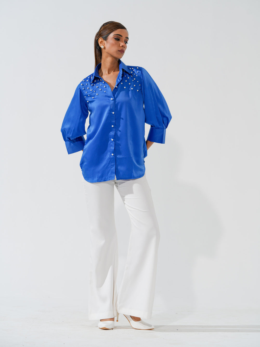 Pearled- Premium Satin Shirt with Pearl Detailing On Shoulders