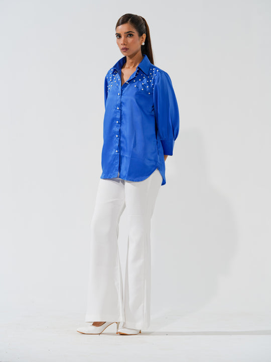 Pearled- Premium Satin Shirt with Pearl Detailing On Shoulders