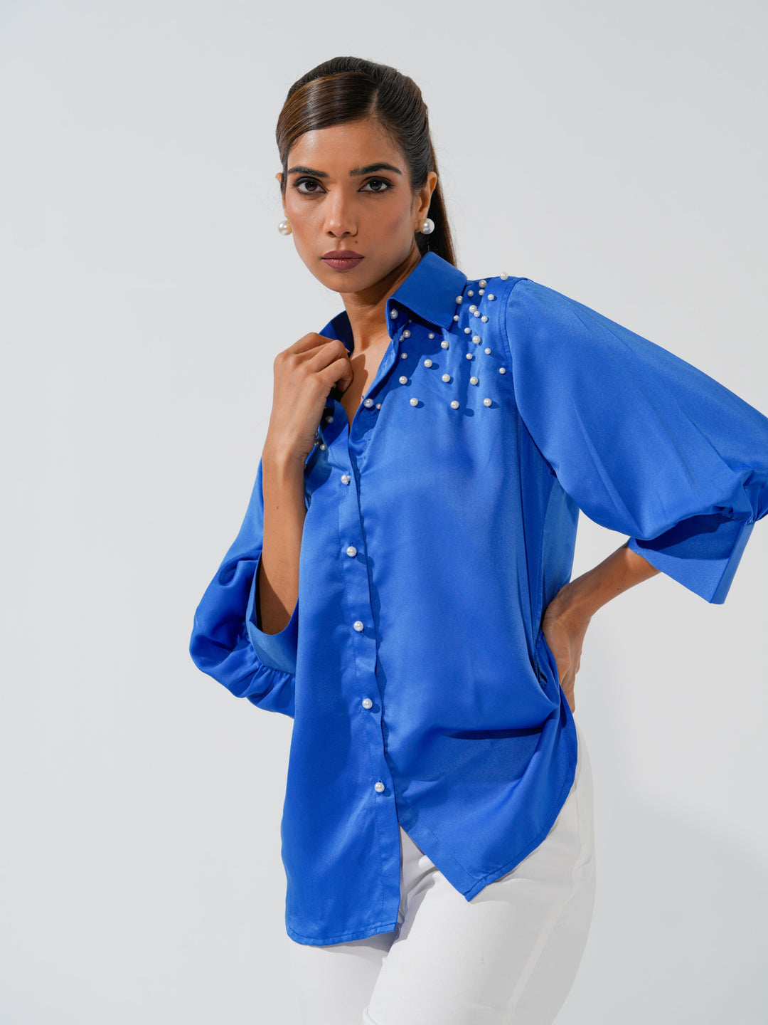 Pearled- Premium Satin Shirt with Pearl Detailing On Shoulders