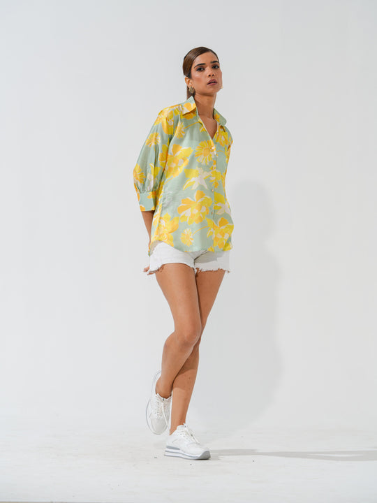 Marigold - Linen Satin Printed Comfort Fit Shirt