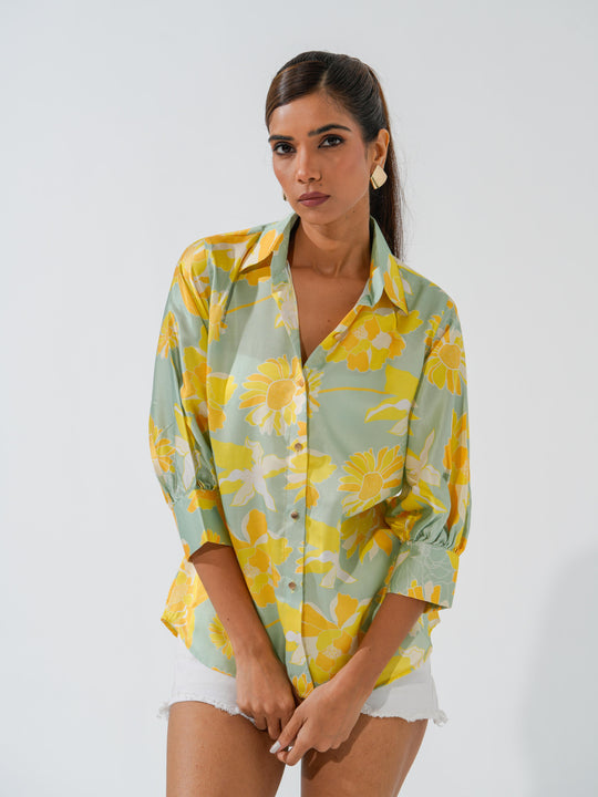 Marigold - Linen Satin Printed Comfort Fit Shirt