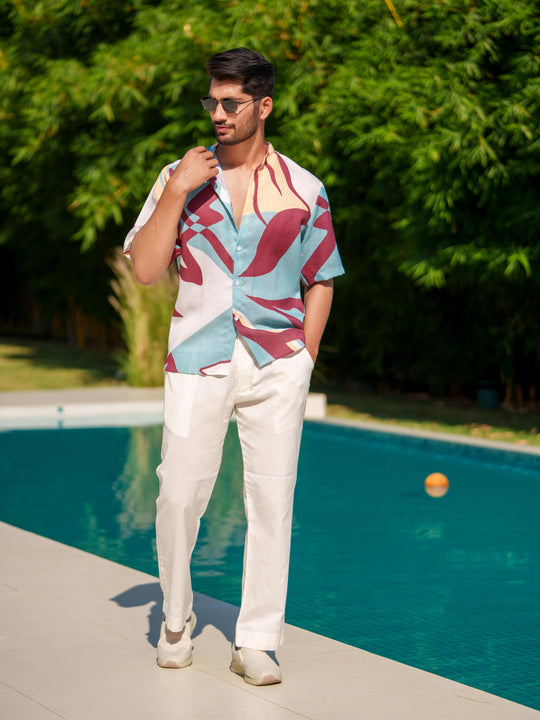 Eddie - Printed Shirt in Linen Blend Fabric