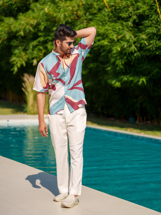Eddie - Printed Shirt in Linen Blend Fabric