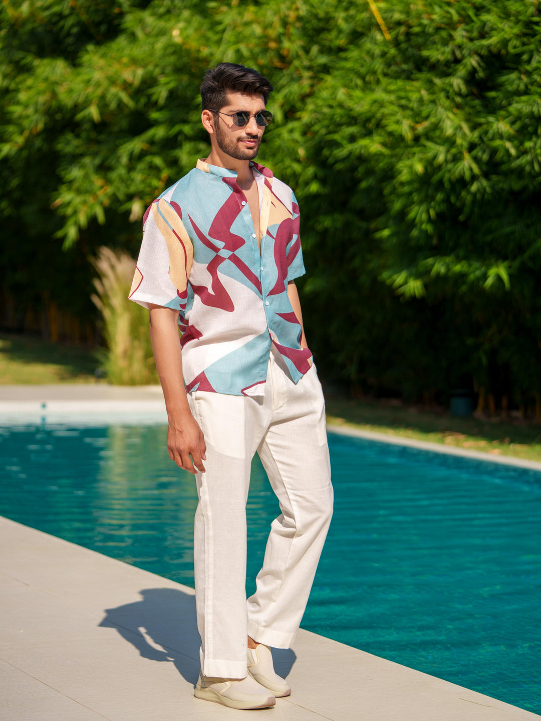 Eddie - Printed Shirt in Linen Blend Fabric