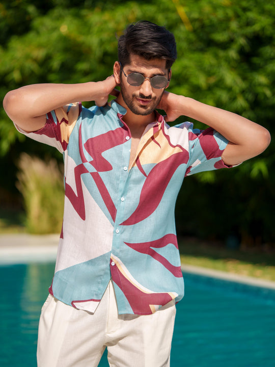 Eddie - Printed Shirt in Linen Blend Fabric