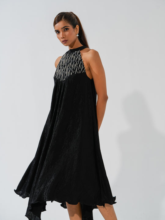 Bombshell - A flowy long dress in sleek corduroy with pearl work