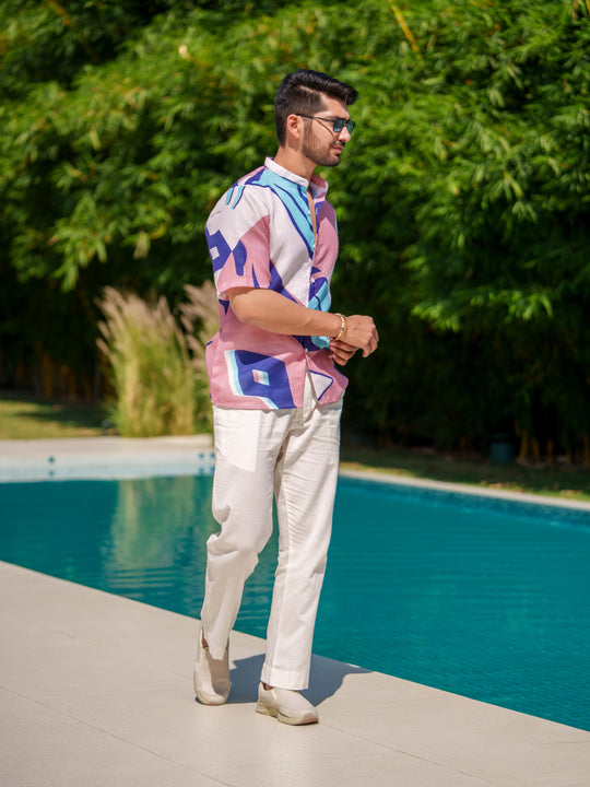 Eddie - Printed Shirt in Linen Blend Fabric