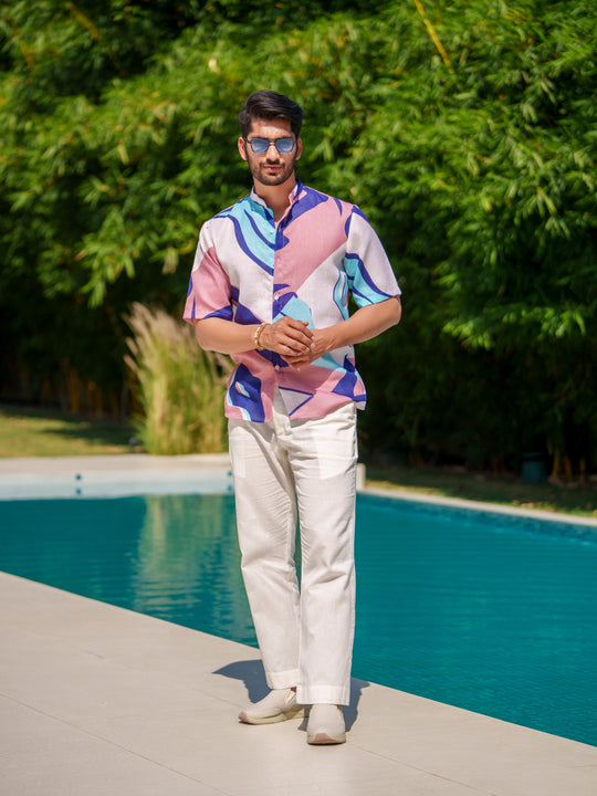 Eddie - Printed Shirt in Linen Blend Fabric