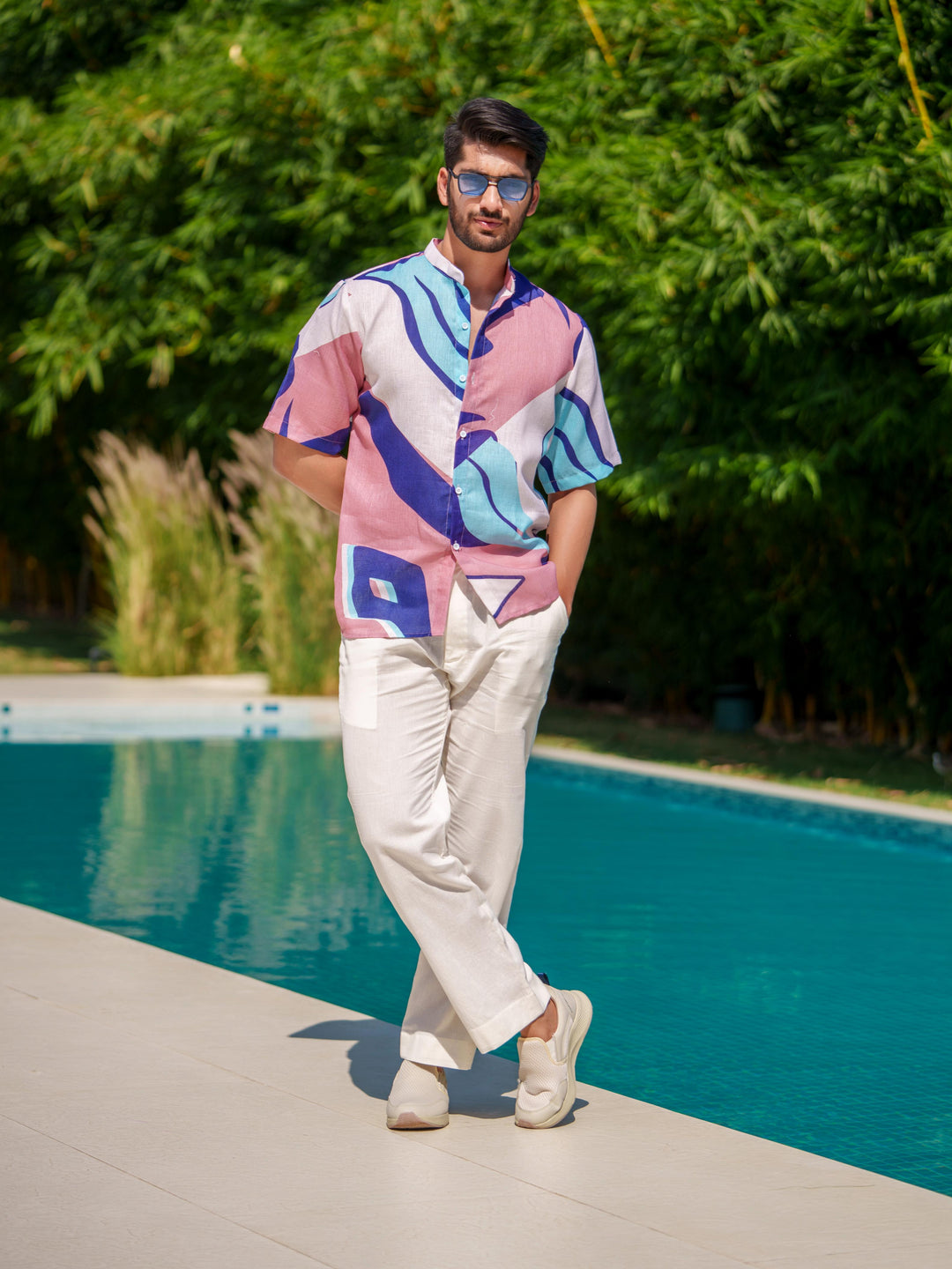 Eddie - Printed Shirt in Linen Blend Fabric
