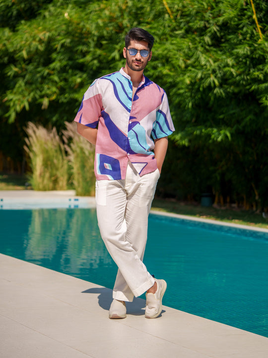 Eddie - Printed Shirt in Linen Blend Fabric