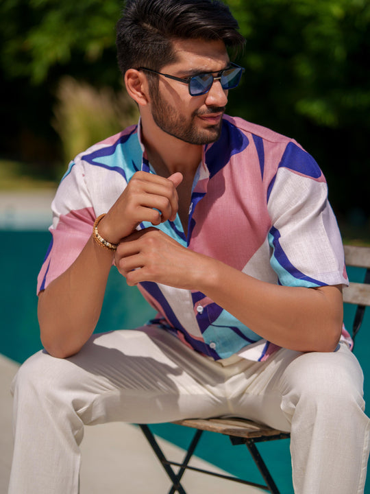 Eddie - Printed Shirt in Linen Blend Fabric
