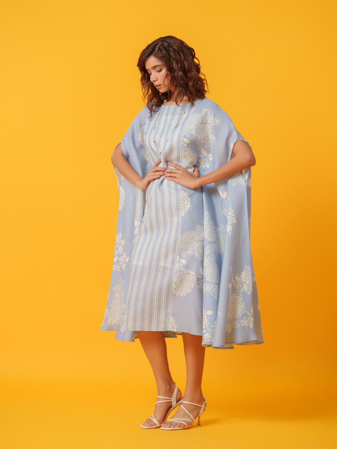 kaira floral kaftan in pure linen-a breezy, elegant cotton-linen dress with a soft floral print, perfect for effortless style and comfort.