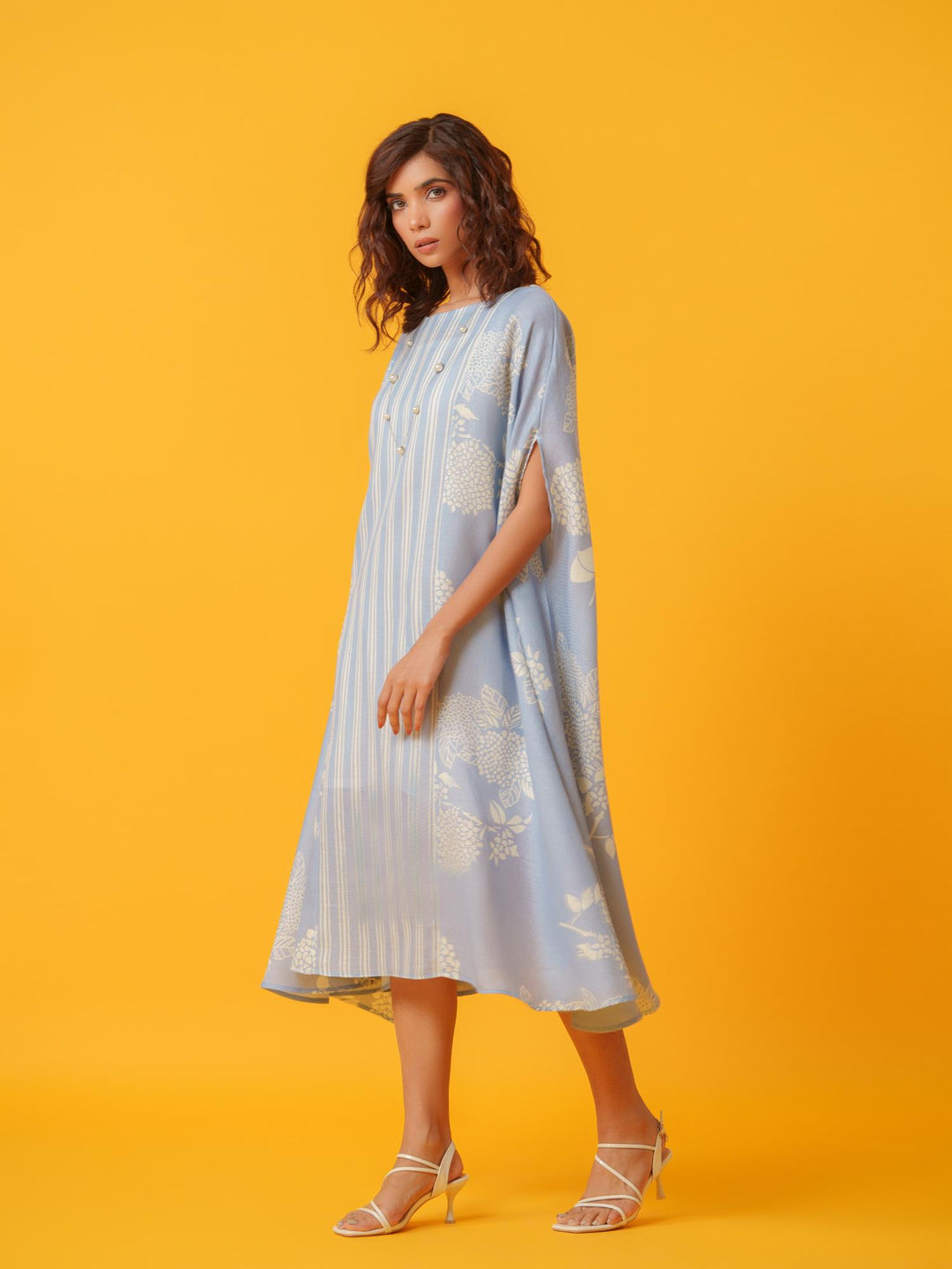 kaira floral kaftan in pure linen-a breezy, elegant cotton-linen dress with a soft floral print, perfect for effortless style and comfort.