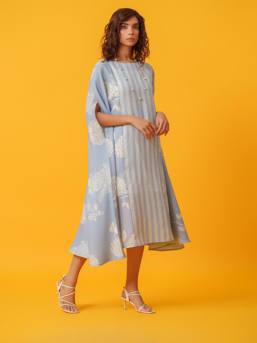kaira floral kaftan in pure linen-a breezy, elegant cotton-linen dress with a soft floral print, perfect for effortless style and comfort.