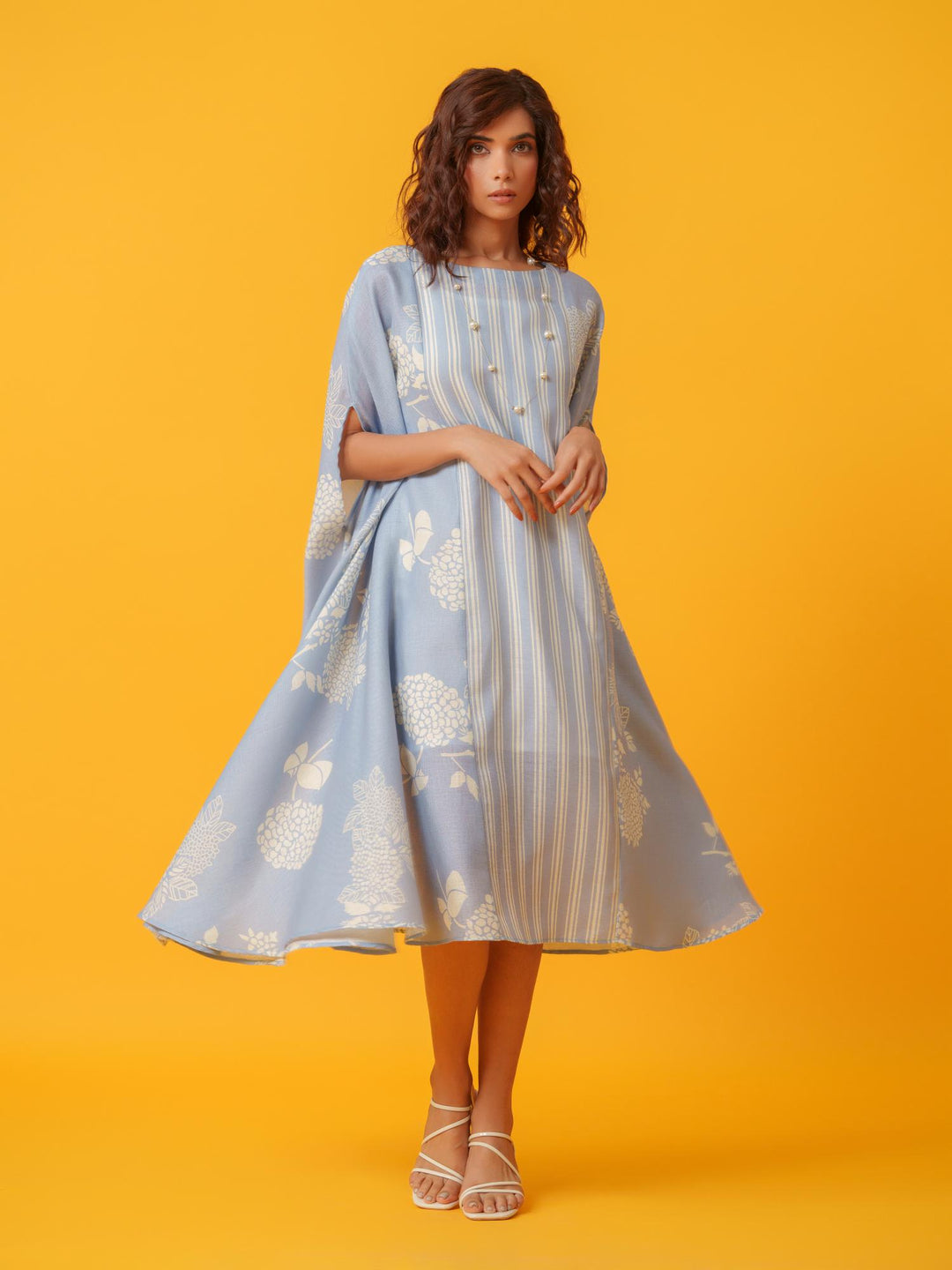 kaira floral kaftan in pure linen-a breezy, elegant cotton-linen dress with a soft floral print, perfect for effortless style and comfort.
