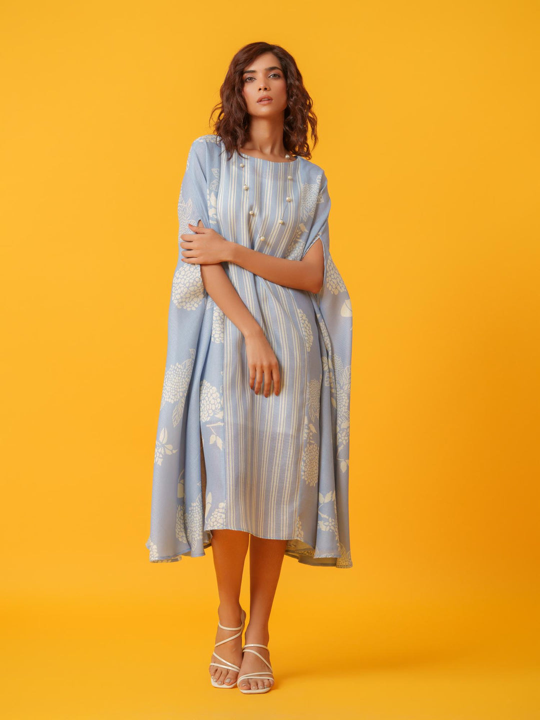 kaira floral kaftan in pure linen-a breezy, elegant cotton-linen dress with a soft floral print, perfect for effortless style and comfort.