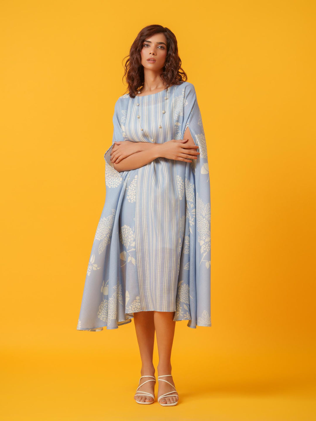 kaira floral kaftan in pure linen-a breezy, elegant cotton-linen dress with a soft floral print, perfect for effortless style and comfort.