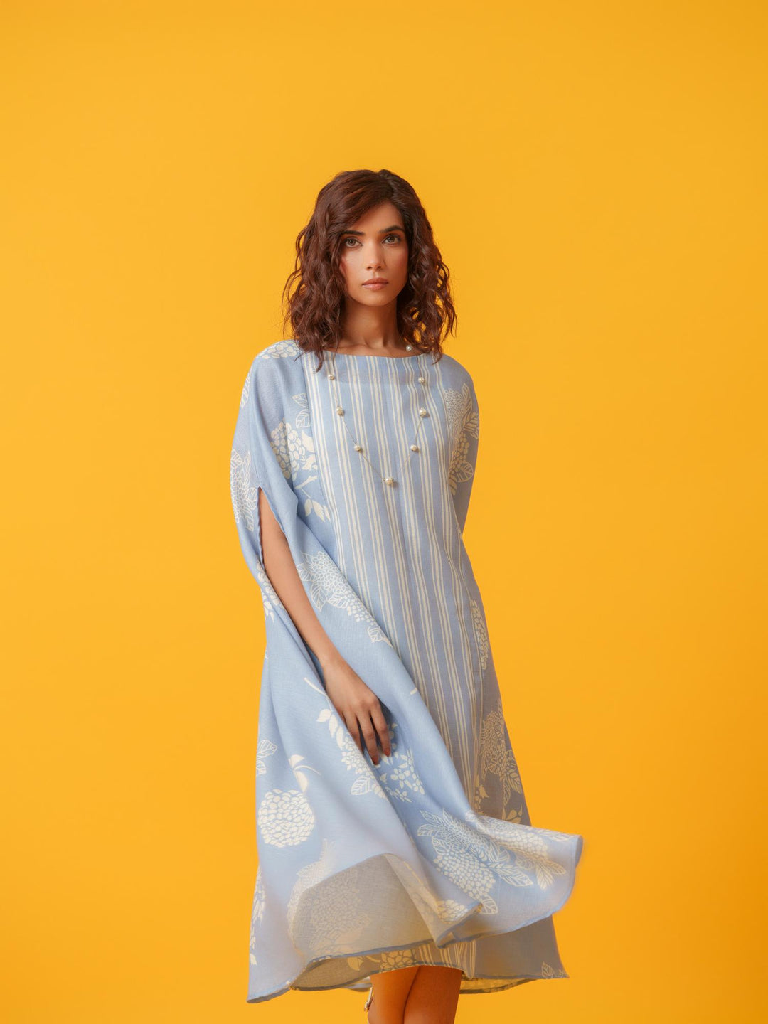 kaira floral kaftan in pure linen-a breezy, elegant cotton-linen dress with a soft floral print, perfect for effortless style and comfort.