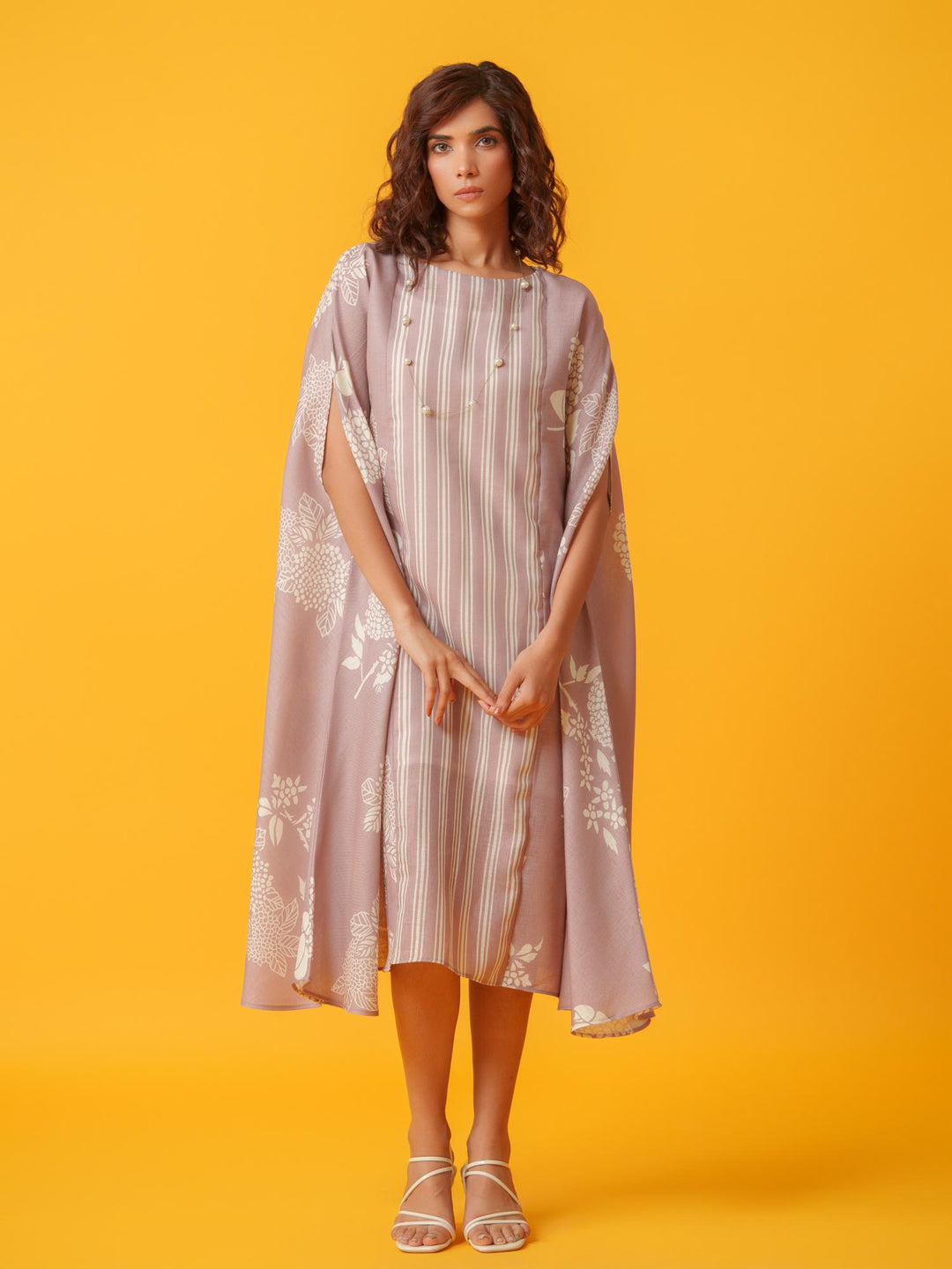 kaira floral kaftan in pure linen-a breezy, elegant cotton-linen dress with a soft floral print, perfect for effortless style and comfort.