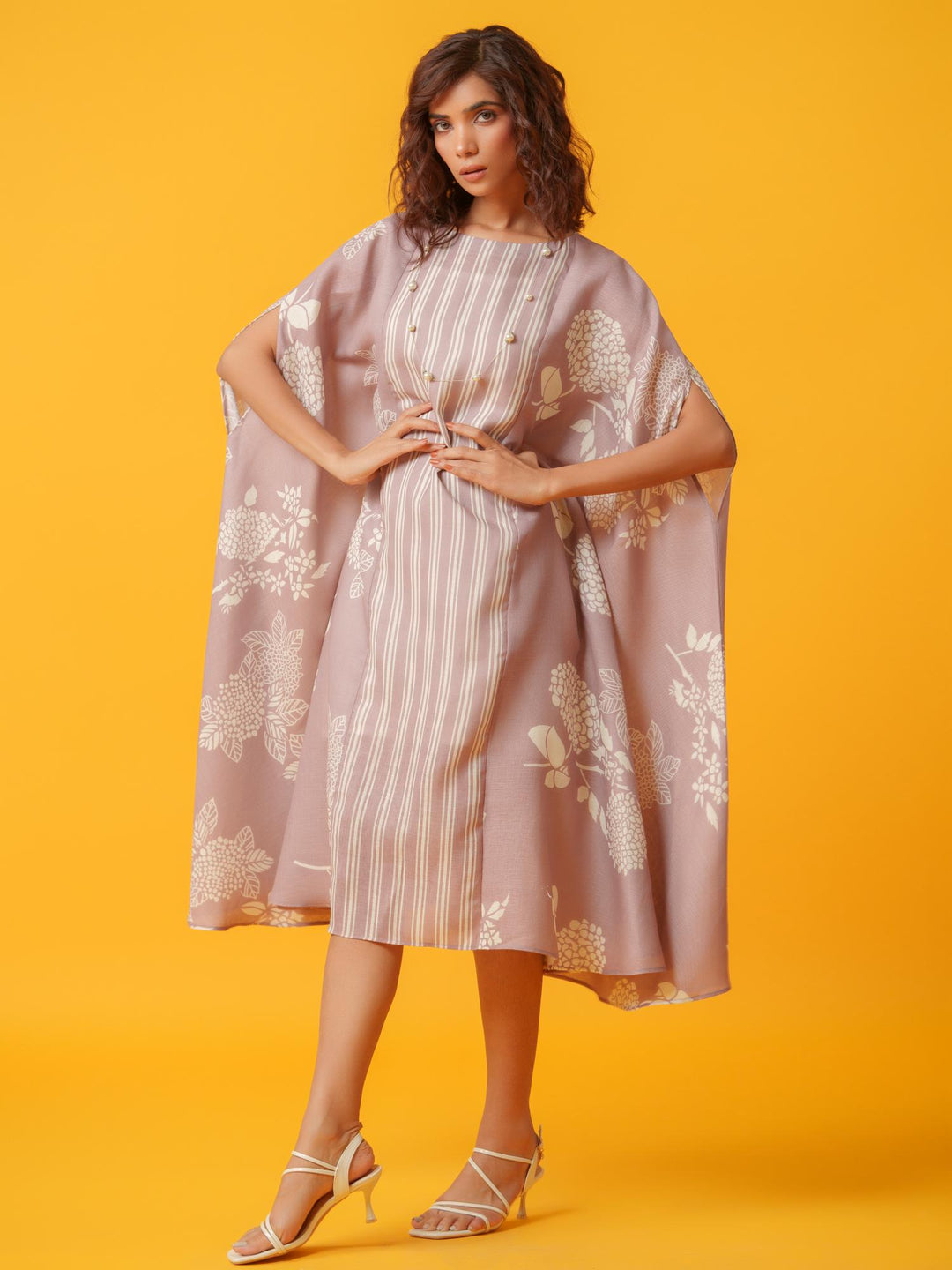 kaira floral kaftan in pure linen-a breezy, elegant cotton-linen dress with a soft floral print, perfect for effortless style and comfort.