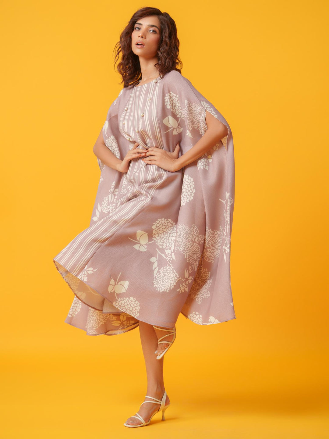 kaira floral kaftan in pure linen-a breezy, elegant cotton-linen dress with a soft floral print, perfect for effortless style and comfort.