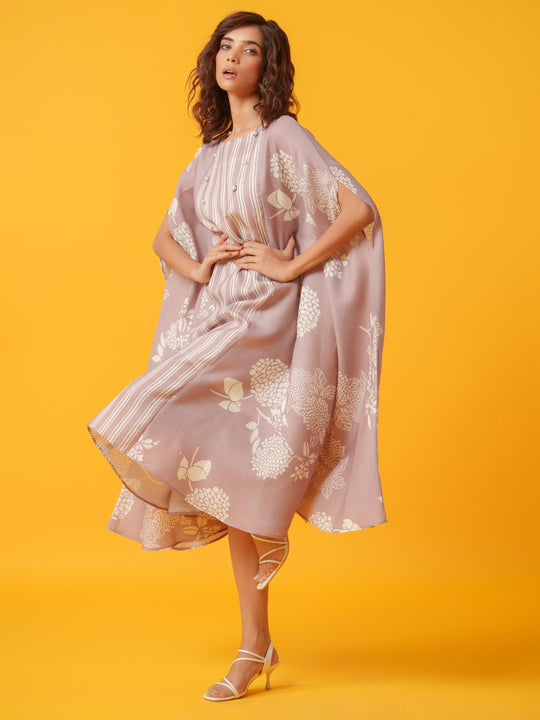 kaira floral kaftan in pure linen-a breezy, elegant cotton-linen dress with a soft floral print, perfect for effortless style and comfort.