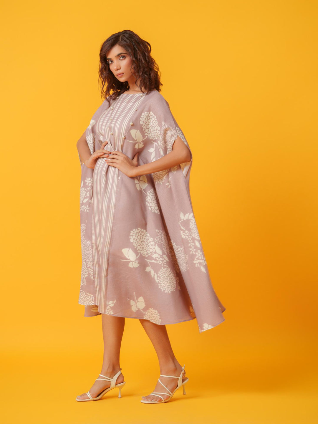 kaira floral kaftan in pure linen-a breezy, elegant cotton-linen dress with a soft floral print, perfect for effortless style and comfort.