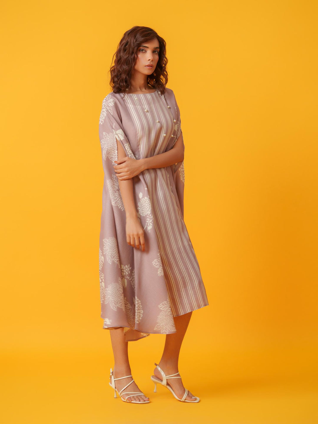 kaira floral kaftan in pure linen-a breezy, elegant cotton-linen dress with a soft floral print, perfect for effortless style and comfort.