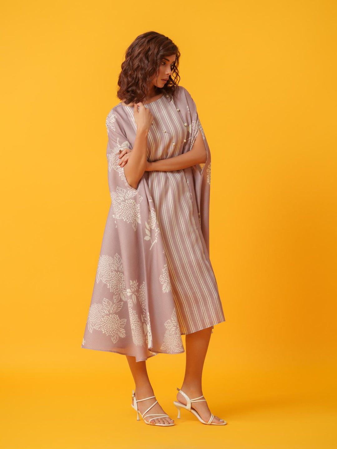 kaira floral kaftan in pure linen-a breezy, elegant cotton-linen dress with a soft floral print, perfect for effortless style and comfort.
