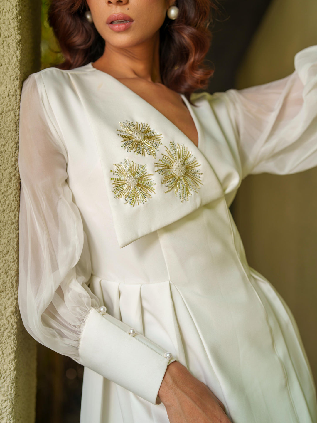 Snow - Knee Length Dress Collar Hand Embroided