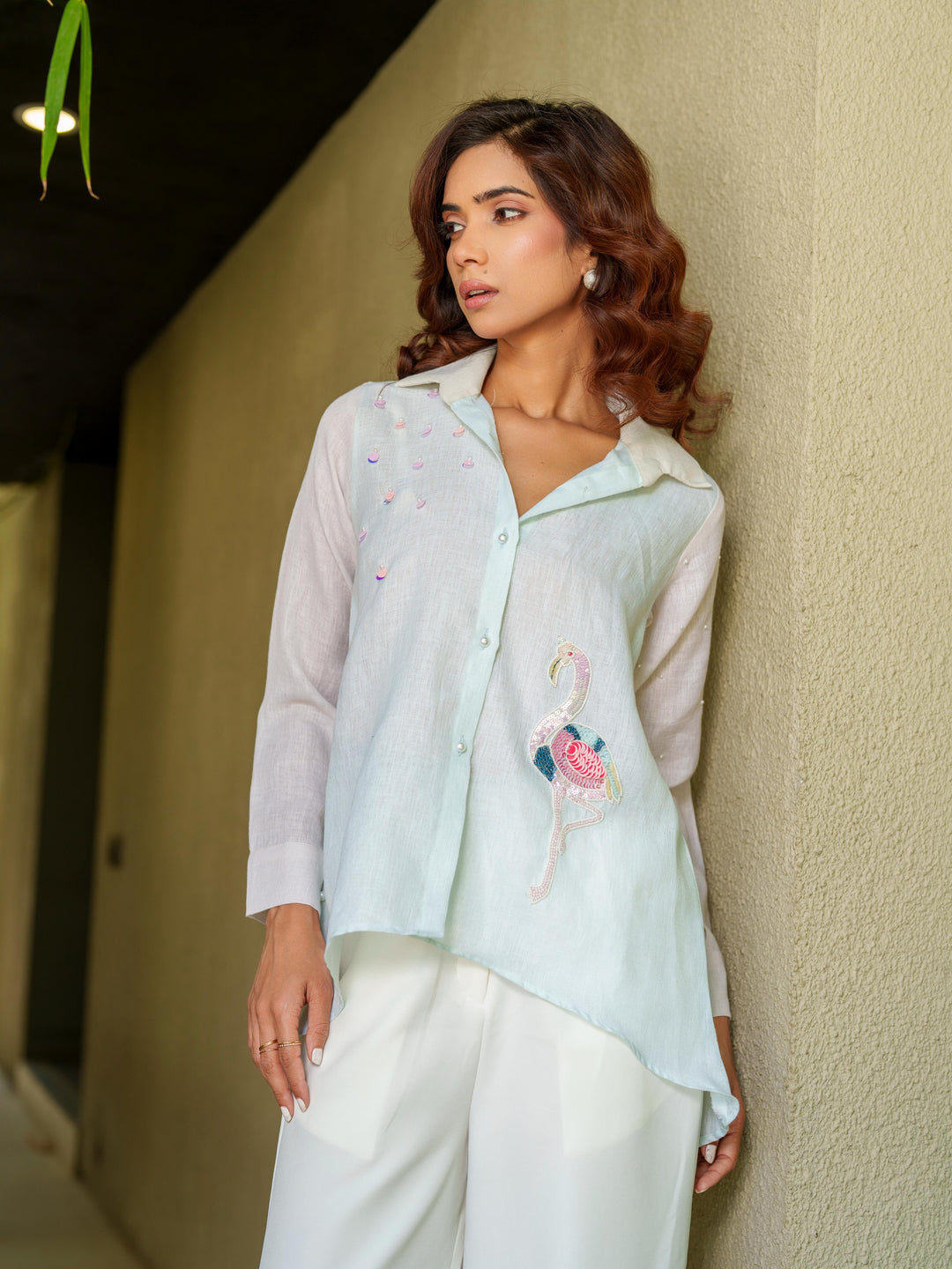 Suzan- Linen Shirt with Minimal Flamingo Motif
