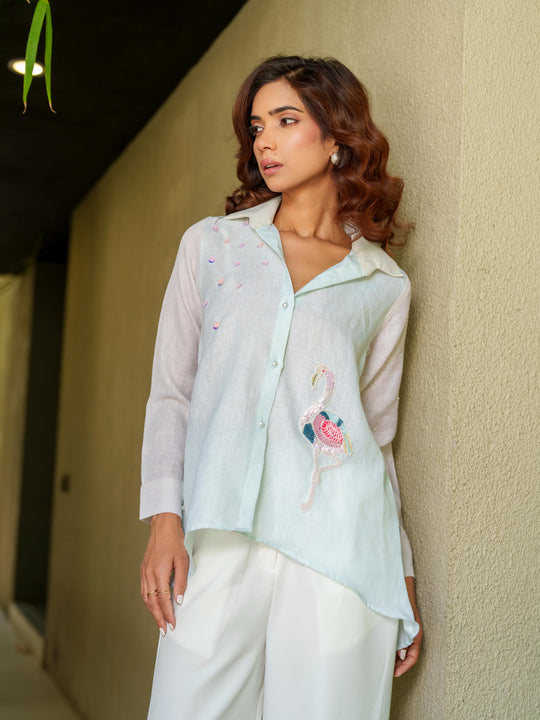 Suzan- Linen Shirt with Minimal Flamingo Motif