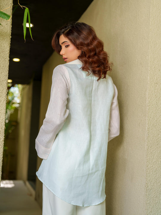Suzan- Linen Shirt with Minimal Flamingo Motif