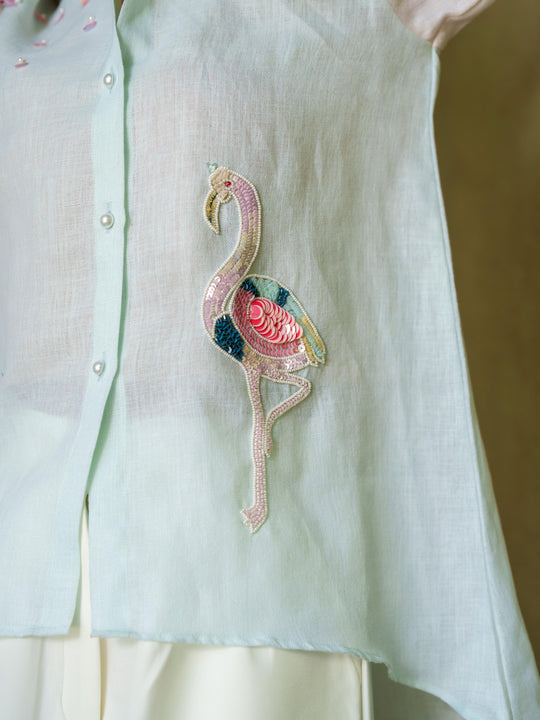 Suzan- Linen Shirt with Minimal Flamingo Motif