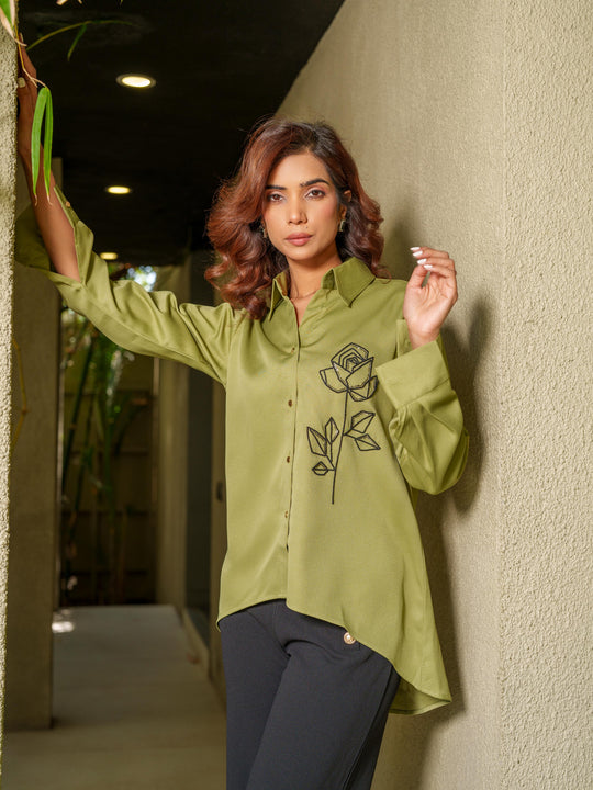 Valentine -  Hand Embroided Black Rose Women's Shirt