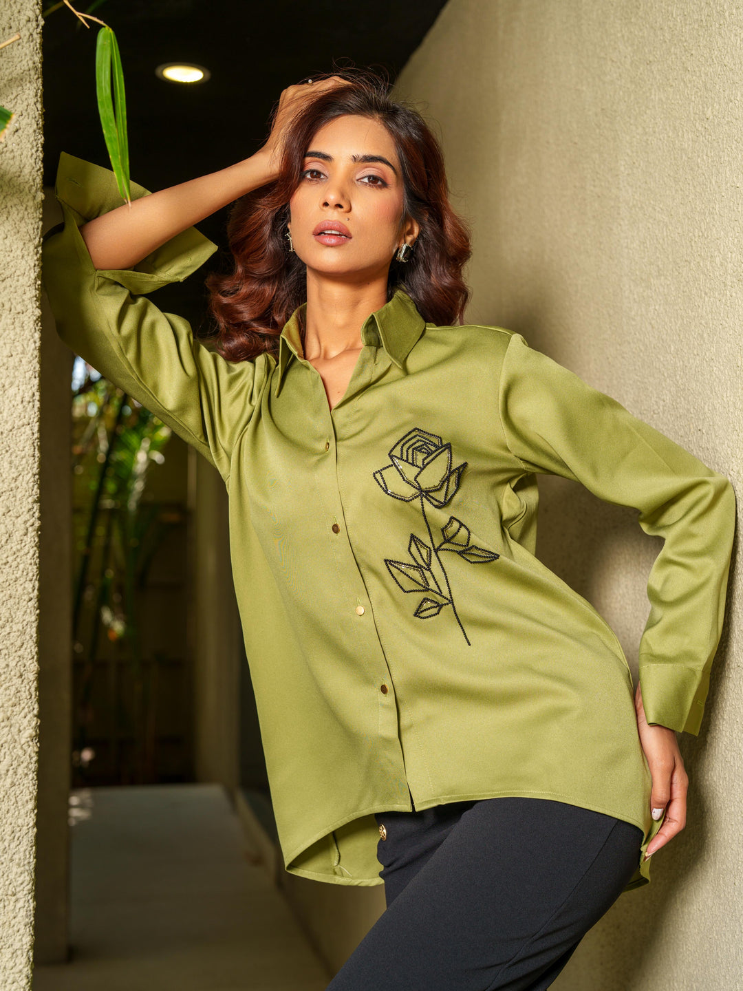 Valentine -  Hand Embroided Black Rose Women's Shirt