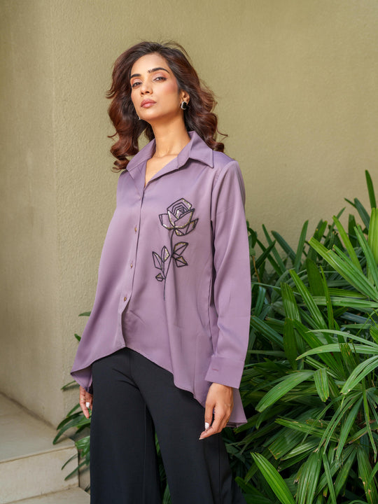 Valentine -  Hand Embroided Black Rose Women's Shirt
