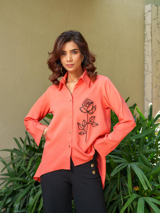 Valentine -  Hand Embroided Black Rose Women's Shirt