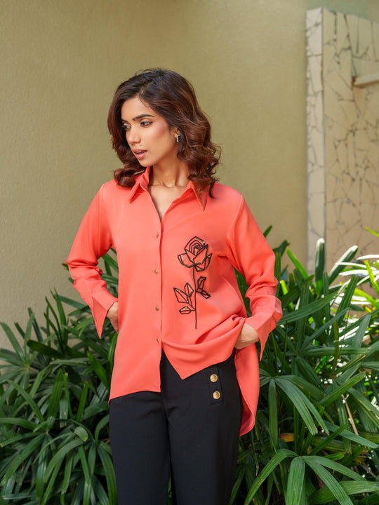 Valentine -  Hand Embroided Black Rose Women's Shirt