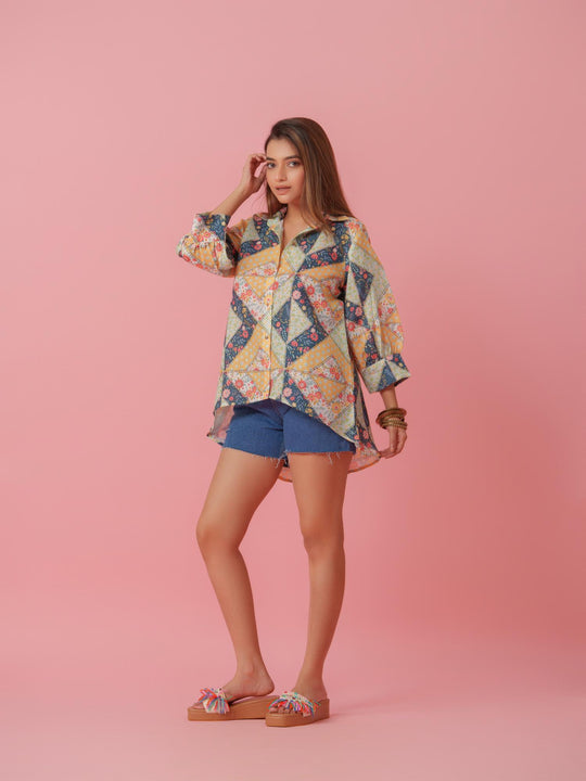 Petra - Linen Multicolored Printed Comfort Fit Shirt